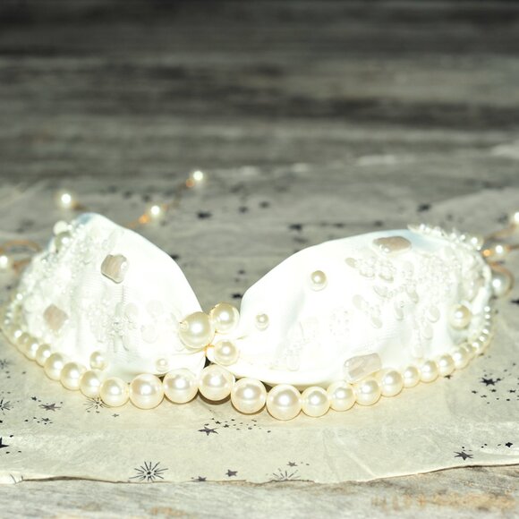 Satin Soft Fabric Embellished Fa White Pearl Beads Hair Band CoverUp Hair Scarf - Picture 6 of 16